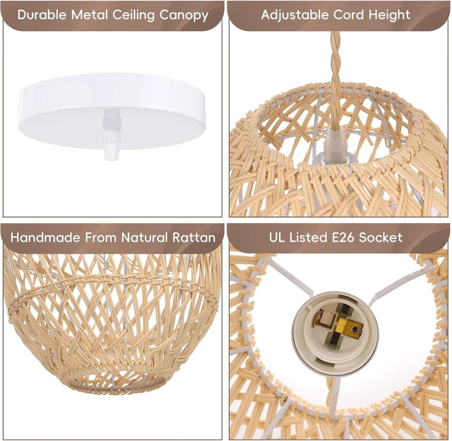 Alt view image 5 of 7 - Rattan Pendant Light FixtureFarmhouse Chandelier Boho Handmade Rattan Hanging Ceiling Lamp Shade, Rustic Cottage Hand Woven Lampshade for Kitchen Island, Living Room, Bedroom, Hallway, Bar