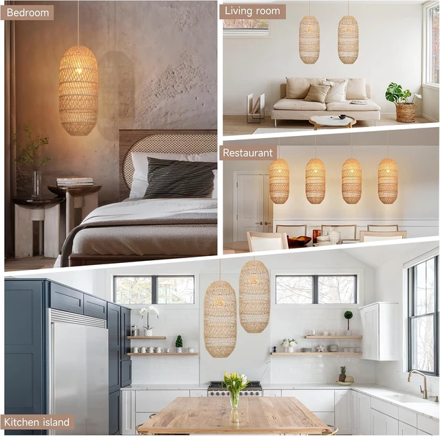 Alt view image 6 of 7 - Rattan Pendant Light FixtureFarmhouse Chandelier Boho Handmade Rattan Hanging Ceiling Lamp Shade, Rustic Cottage Hand Woven Lampshade for Kitchen Island, Living Room, Bedroom, Hallway, Bar