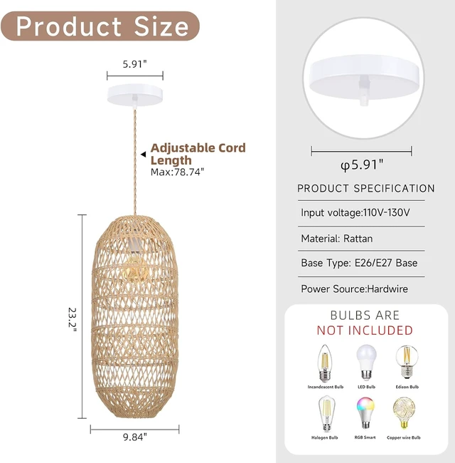 Alt view image 7 of 7 - Rattan Pendant Light FixtureFarmhouse Chandelier Boho Handmade Rattan Hanging Ceiling Lamp Shade, Rustic Cottage Hand Woven Lampshade for Kitchen Island, Living Room, Bedroom, Hallway, Bar
