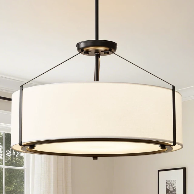 Main image of Black Drum Chandelier for Dining Room, 20" White Linen Fabric Pendant Light