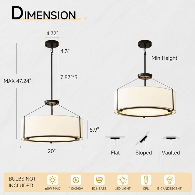 Alt view image 2 of 7 - Black Drum Chandelier for Dining Room, 20" White Linen Fabric Pendant Light
