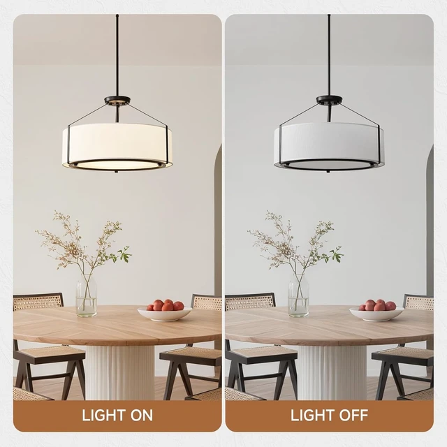 Alt view image 4 of 7 - Black Drum Chandelier for Dining Room, 20" White Linen Fabric Pendant Light