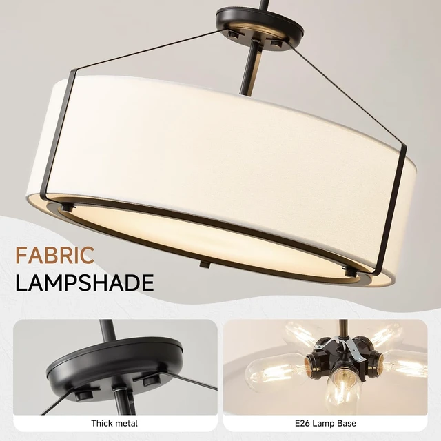 Alt view image 5 of 7 - Black Drum Chandelier for Dining Room, 20" White Linen Fabric Pendant Light