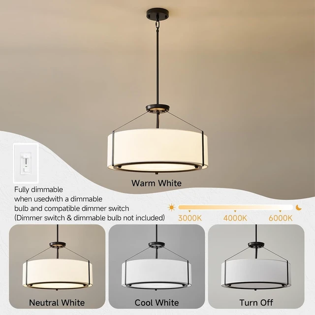 Alt view image 6 of 7 - Black Drum Chandelier for Dining Room, 20" White Linen Fabric Pendant Light