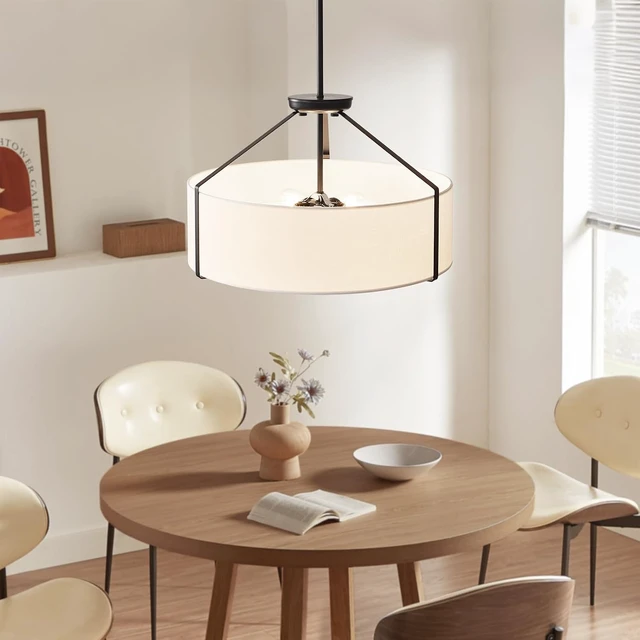 Alt view image 3 of 7 - Black Drum Chandelier for Dining Room, 20" White Linen Fabric Pendant Light