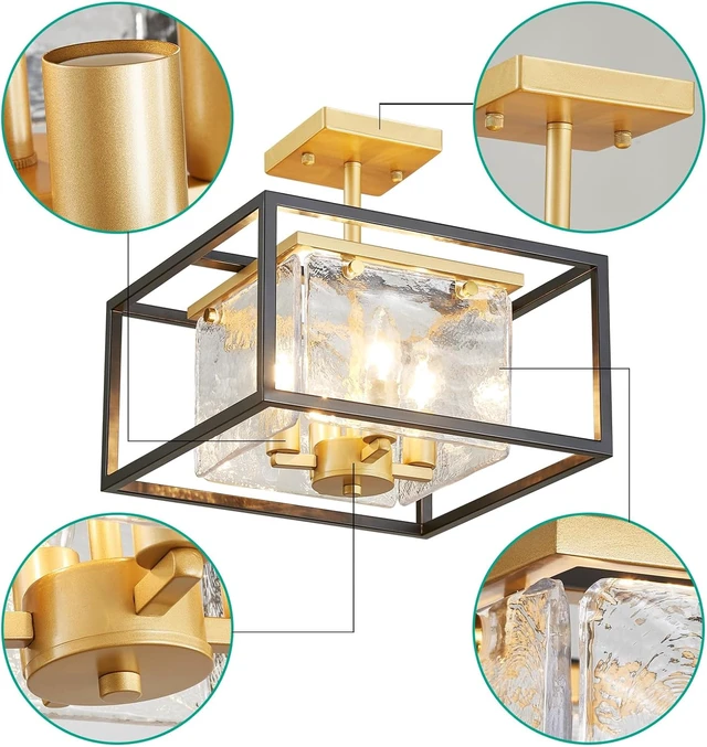 Alt view image 3 of 7 - Modern 4-Light Chandelier Ceiling Light, Handmade Glass Gold Ceil Light Fixture for Dining Room, Living Room, Bedroom, Gold Canopy and Black Frame, E12 Socket, L13inch*W13inch*H12.2inch