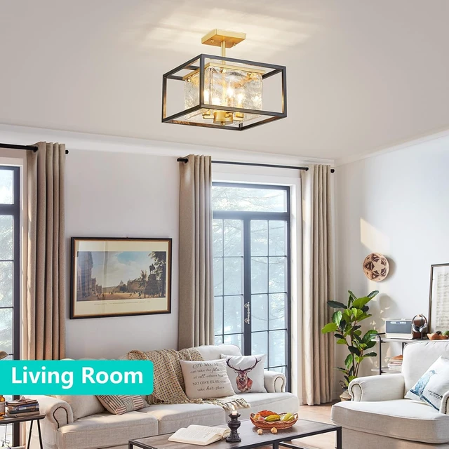 Alt view image 7 of 7 - Modern 4-Light Chandelier Ceiling Light, Handmade Glass Gold Ceil Light Fixture for Dining Room, Living Room, Bedroom, Gold Canopy and Black Frame, E12 Socket, L13inch*W13inch*H12.2inch