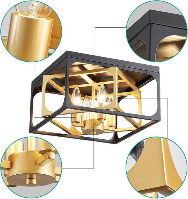 Alt view image 3 of 7 - Modern 4-Light Chandelier Ceiling Light, Gold Ceil Light Fixture for Dining Room, Living Room, Bedroom, Black Canopy and Gold Frame, E12 Socket, L12.6inch * W12.6inch * H10.7inch