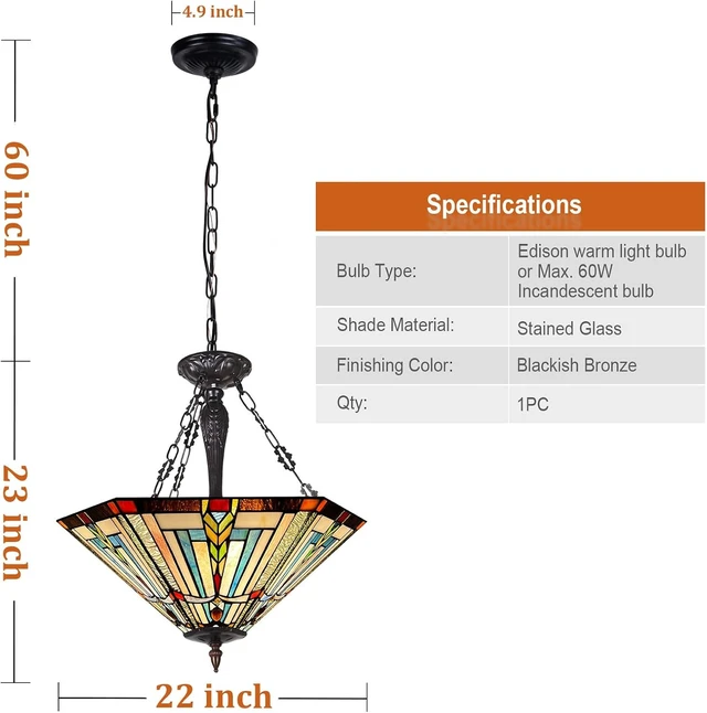 Alt view image 5 of 7 - Tiffany Pendant Light Fixtures 22" Large Stained Glass Hanging Lamp
