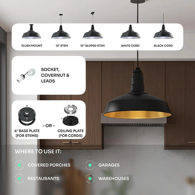 Alt view image 4 of 7 - 12" Sloped Stem Barn Light Pendant 16" Dome | Garage Workshop | Matte Black