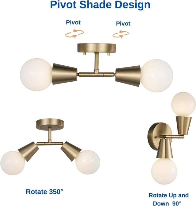 Alt view image 3 of 7 - 2-Light Modern Track Lighting Kit,Matte Brass Pivot Light Head, Flush Mount Adjustable Ceiling Light Spotlights for Bedroom,Living Room,Dining Room, Hallway,E26 Bulb Not Included