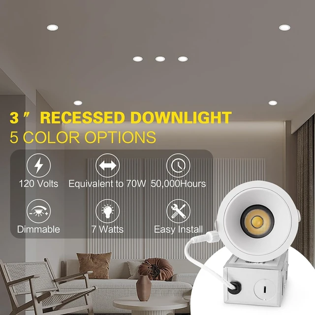 Alt view image 2 of 5 - 3 Inch LED Recessed Downlight,7W Dimmable Anti-Glare Ceiling Light with Junction Box, CRI92 560LM,5 CCT (2700K-5000K) White Lighting Fixture (6)