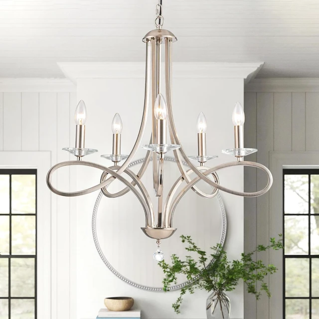 Main image of Modern Brushed Nickel Finish Chandeliers, 5-Lights Farmhouse Candle Scroll Arms Dining Room Light Fixture Industrial Ceiling Hang Light Fixture