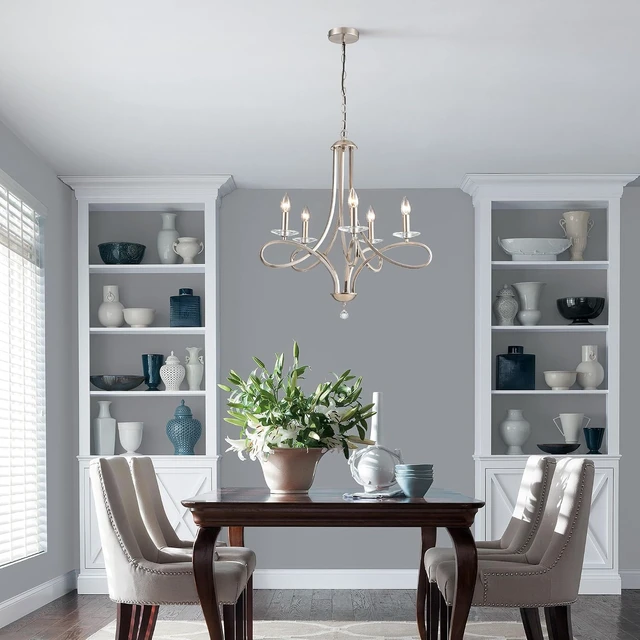 Alt view image 2 of 7 - Modern Brushed Nickel Finish Chandeliers, 5-Lights Farmhouse Candle Scroll Arms Dining Room Light Fixture Industrial Ceiling Hang Light Fixture