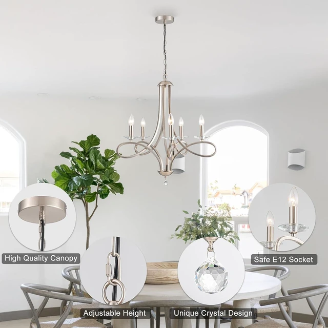 Alt view image 4 of 7 - Modern Brushed Nickel Finish Chandeliers, 5-Lights Farmhouse Candle Scroll Arms Dining Room Light Fixture Industrial Ceiling Hang Light Fixture