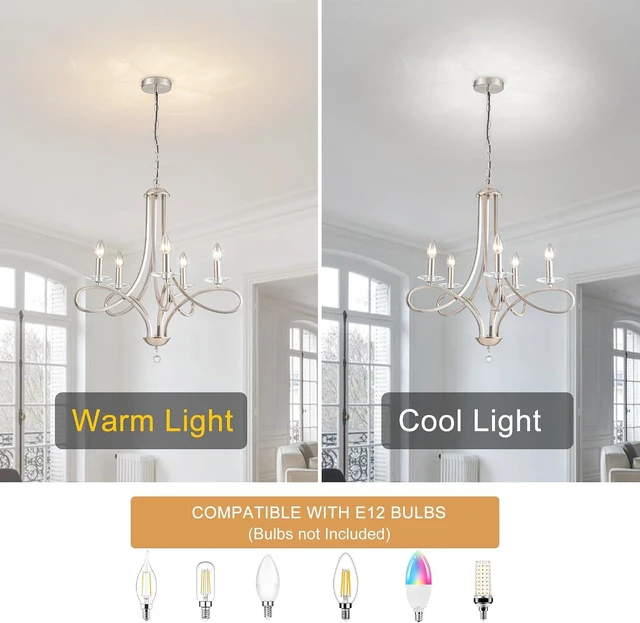 Alt view image 5 of 7 - Modern Brushed Nickel Finish Chandeliers, 5-Lights Farmhouse Candle Scroll Arms Dining Room Light Fixture Industrial Ceiling Hang Light Fixture