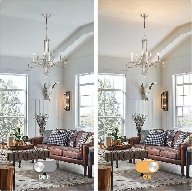 Alt view image 7 of 7 - Modern Brushed Nickel Finish Chandeliers, 5-Lights Farmhouse Candle Scroll Arms Dining Room Light Fixture Industrial Ceiling Hang Light Fixture