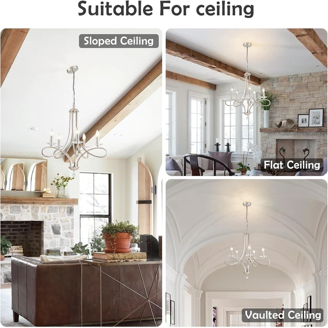 Alt view image 6 of 7 - Modern Brushed Nickel Finish Chandeliers, 5-Lights Farmhouse Candle Scroll Arms Dining Room Light Fixture Industrial Ceiling Hang Light Fixture