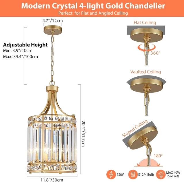 Alt view image 3 of 7 - 11.8" Modern Gold Crystal Chandelier Lantern 4-Light Small Farmhouse Geometric Pendant Lighting Fixture Adjustable Hanging Cage Ceiling Lights for Living Room Dining Room Entryway