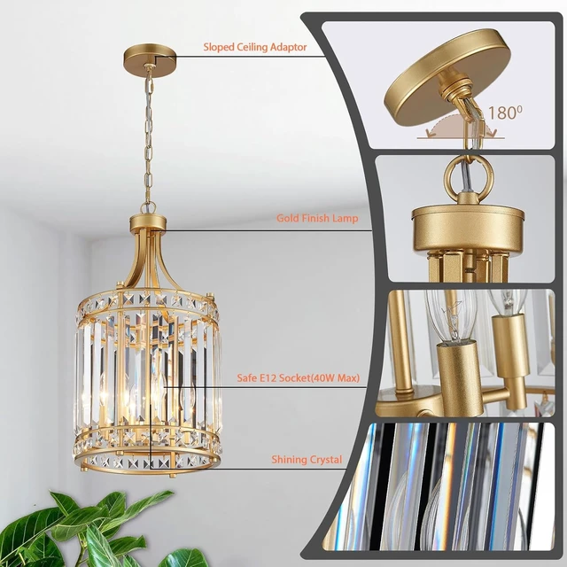 Alt view image 5 of 7 - 11.8" Modern Gold Crystal Chandelier Lantern 4-Light Small Farmhouse Geometric Pendant Lighting Fixture Adjustable Hanging Cage Ceiling Lights for Living Room Dining Room Entryway