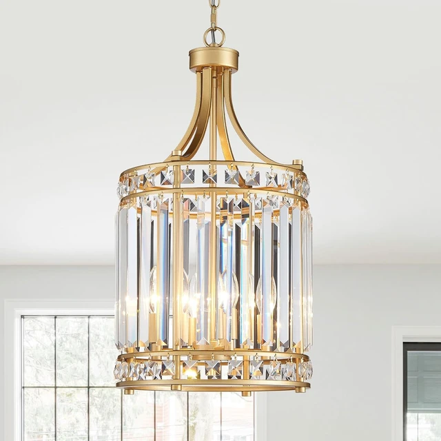 Main image of 11.8" Modern Gold Crystal Chandelier Lantern 4-Light Small Farmhouse Geometric Pendant Lighting Fixture Adjustable Hanging Cage Ceiling Lights for Living Room Dining Room Entryway