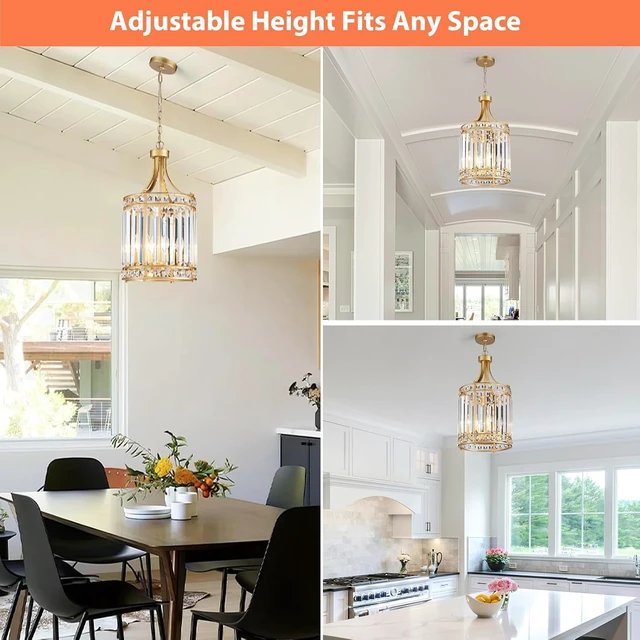Alt view image 6 of 7 - 11.8" Modern Gold Crystal Chandelier Lantern 4-Light Small Farmhouse Geometric Pendant Lighting Fixture Adjustable Hanging Cage Ceiling Lights for Living Room Dining Room Entryway