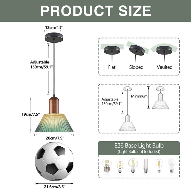 Alt view image 2 of 7 - KCO 7.9 Vintage Green Cone Glass Pendant Light, Adjustable Hanging Lamp