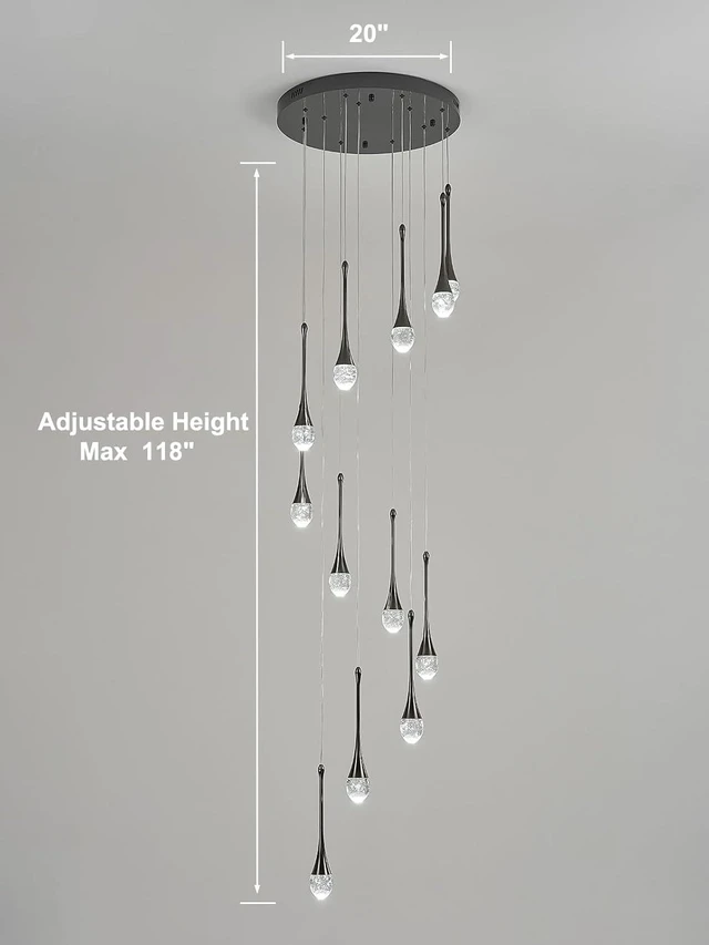 Alt view image 2 of 7 - 12-Light LED Crystal Chandelier for High Ceilings, 20" Modern Black Pendant Light, Adjustable Height, Dimmable & Color Temperature Adjustable, Remote & App Control for Foyer Staircase Living Room