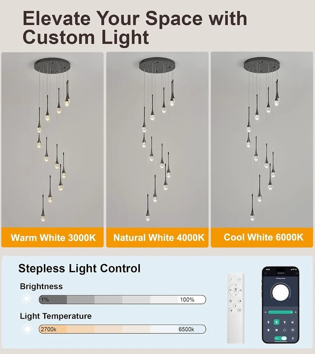 Alt view image 4 of 7 - 12-Light LED Crystal Chandelier for High Ceilings, 20" Modern Black Pendant Light, Adjustable Height, Dimmable & Color Temperature Adjustable, Remote & App Control for Foyer Staircase Living Room
