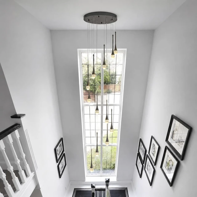 Alt view image 7 of 7 - 12-Light LED Crystal Chandelier for High Ceilings, 20" Modern Black Pendant Light, Adjustable Height, Dimmable & Color Temperature Adjustable, Remote & App Control for Foyer Staircase Living Room