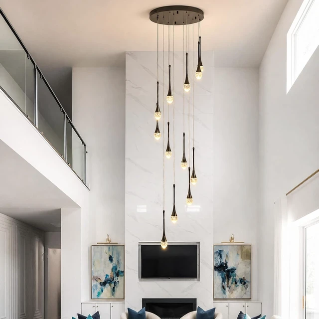Alt view image 6 of 7 - 12-Light LED Crystal Chandelier for High Ceilings, 20" Modern Black Pendant Light, Adjustable Height, Dimmable & Color Temperature Adjustable, Remote & App Control for Foyer Staircase Living Room