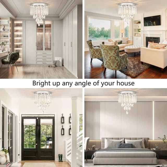 Alt view image 6 of 6 - Modern Crystal Chandelier Light Fixture 3-Lights,Crystal Flush Mount Ceiling Light Chrome,10 Inches Mini Chandelier for Living Room,Bedroom,Kitchen,Hallway,G9 Bulb Base