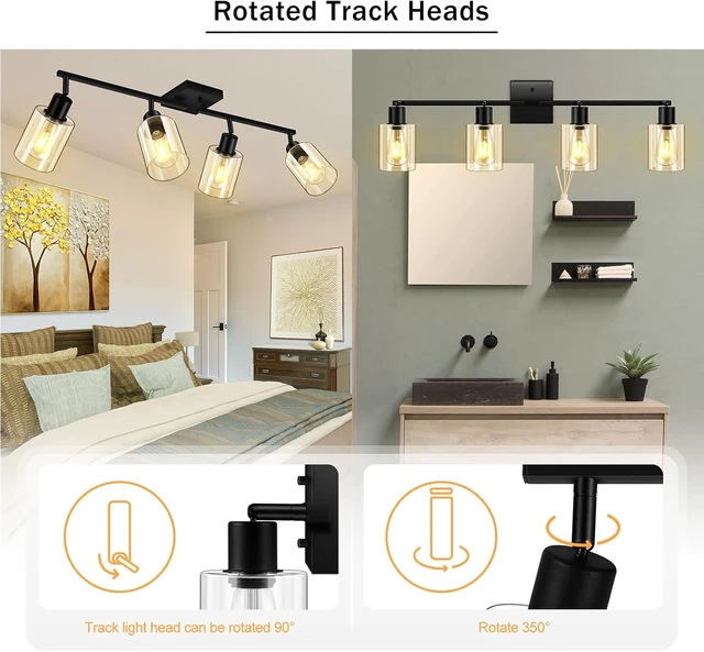 Alt view image 2 of 7 - BoostArea LED 4 Light Track Lighting Kit, 4 Way Ceiling Spot Lighting with Glass Lampshade, Flexibly Rotatable Light Head for Kitchen, Living Room, Bedroom, Bulb Not Included