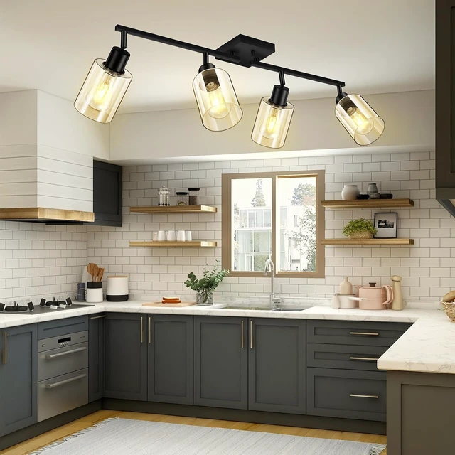 Alt view image 6 of 7 - BoostArea LED 4 Light Track Lighting Kit, 4 Way Ceiling Spot Lighting with Glass Lampshade, Flexibly Rotatable Light Head for Kitchen, Living Room, Bedroom, Bulb Not Included