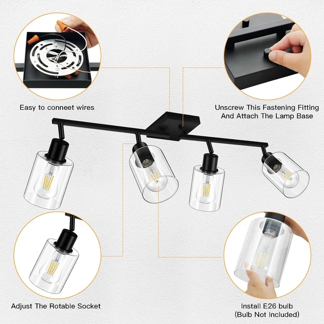 Alt view image 3 of 7 - BoostArea LED 4 Light Track Lighting Kit, 4 Way Ceiling Spot Lighting with Glass Lampshade, Flexibly Rotatable Light Head for Kitchen, Living Room, Bedroom, Bulb Not Included