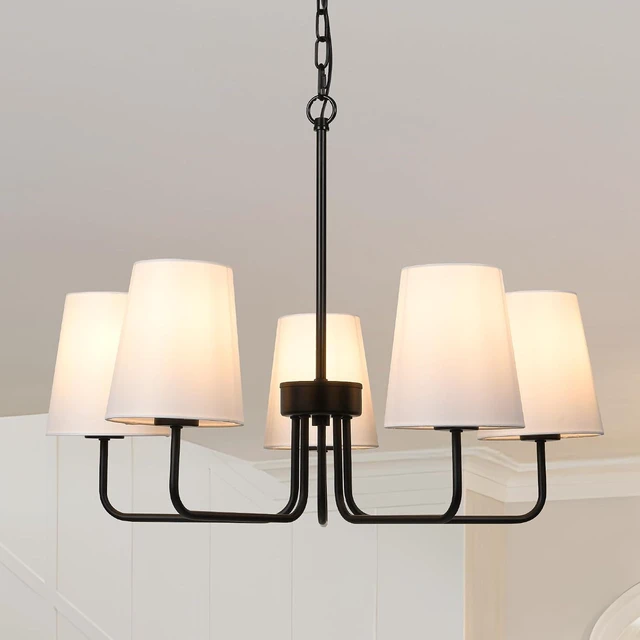 Main image of Black Chandelier Dining Room Light Fixture, 5-Light Farmhouse Chandelier White Fabric Shade, Modern Industrial Hanging Light Fixture for Kitchen, Bedroom, Dining Room (E26 Base)