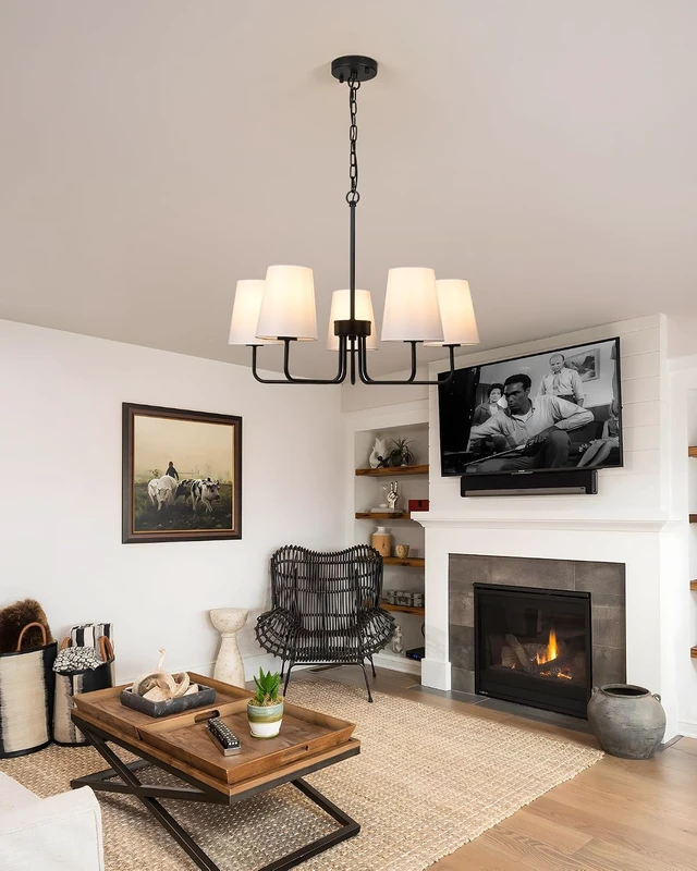 Alt view image 7 of 7 - Black Chandelier Dining Room Light Fixture, 5-Light Farmhouse Chandelier White Fabric Shade, Modern Industrial Hanging Light Fixture for Kitchen, Bedroom, Dining Room (E26 Base)