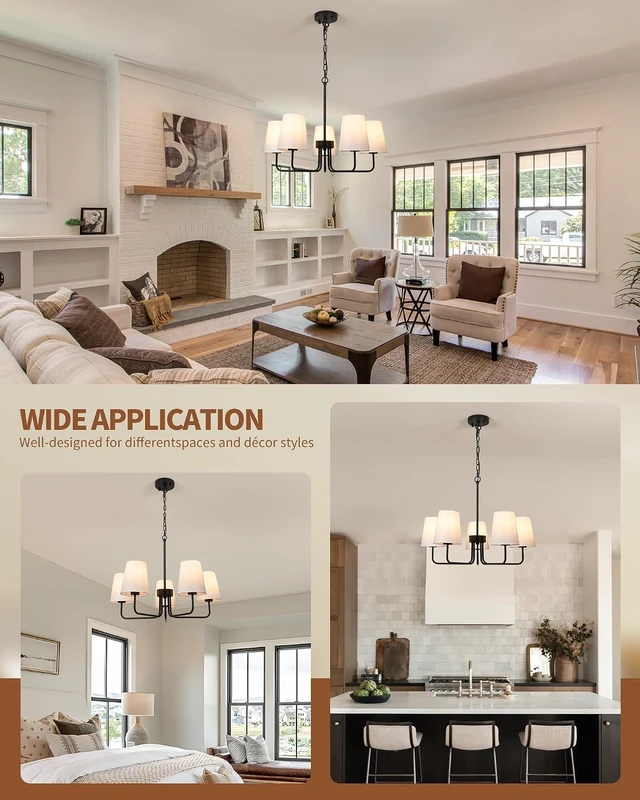 Alt view image 6 of 7 - Black Chandelier Dining Room Light Fixture, 5-Light Farmhouse Chandelier White Fabric Shade, Modern Industrial Hanging Light Fixture for Kitchen, Bedroom, Dining Room (E26 Base)