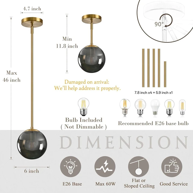 Alt view image 4 of 7 - Bagood 6 Inch Globe Pendant Light Gold Globe Pendant Lights Kitchen Island Mid Century Light Fixture with Gray Clear Glass Contemporary Adjustable Hanging Lights for Dining Room (Bulb Included)