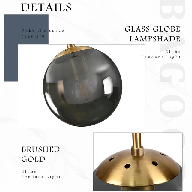 Alt view image 6 of 7 - Bagood 6 Inch Globe Pendant Light Gold Globe Pendant Lights Kitchen Island Mid Century Light Fixture with Gray Clear Glass Contemporary Adjustable Hanging Lights for Dining Room (Bulb Included)