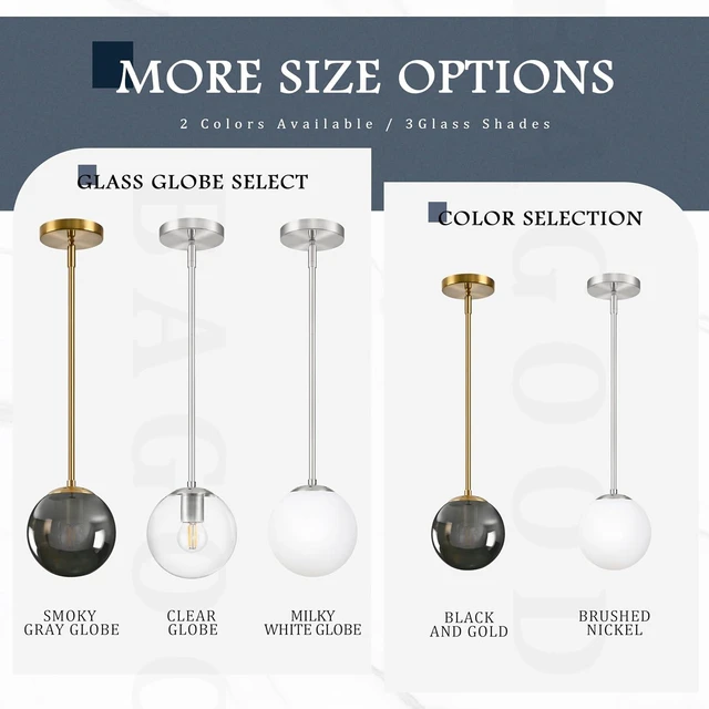 Alt view image 7 of 7 - Bagood 6 Inch Globe Pendant Light Gold Globe Pendant Lights Kitchen Island Mid Century Light Fixture with Gray Clear Glass Contemporary Adjustable Hanging Lights for Dining Room (Bulb Included)