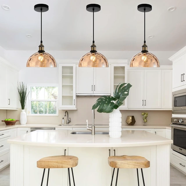 Alt view image 2 of 7 - Amber Hammered Glass Pendant Light Bronze Finished 9.8 Kitchen Lamp