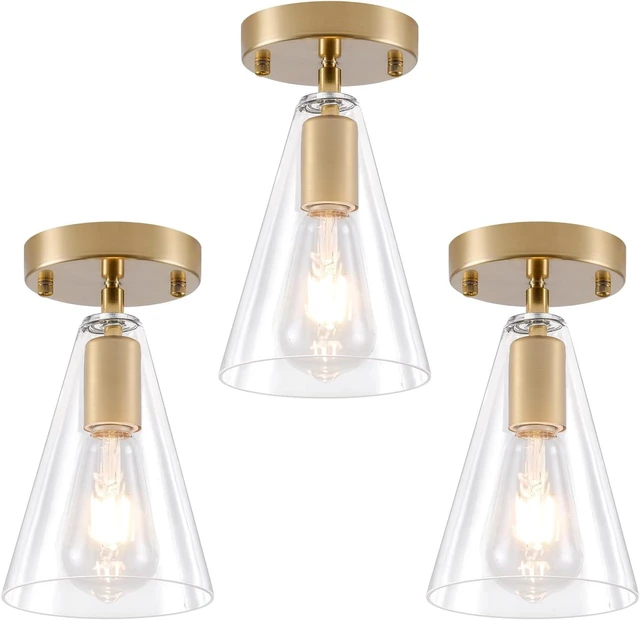 Main image of 3 Pack Gold 1-Light Semi Flush Mount Ceiling Light, Modern Ceiling Kitchen Lighting Fixtures with Cone Clear Glass Shade, Mini Adjustable Angle Lamp for Hallway Entryway Stairway Foyer