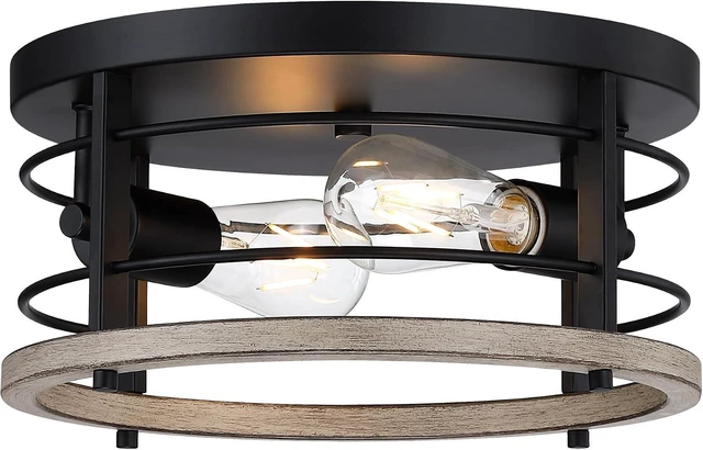 Main image of 2-Light Black Modern Industrial Round Flush Mount Ceiling Light Fixture for Indoor/Outdoor, Kitchen, Bedroom, Living Room, 11.8 x 11.8 x 6.08 inches