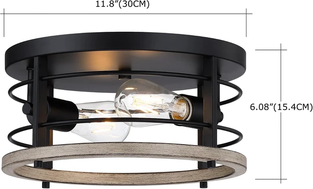 Alt view image 4 of 7 - 2-Light Black Modern Industrial Round Flush Mount Ceiling Light Fixture for Indoor/Outdoor, Kitchen, Bedroom, Living Room, 11.8 x 11.8 x 6.08 inches