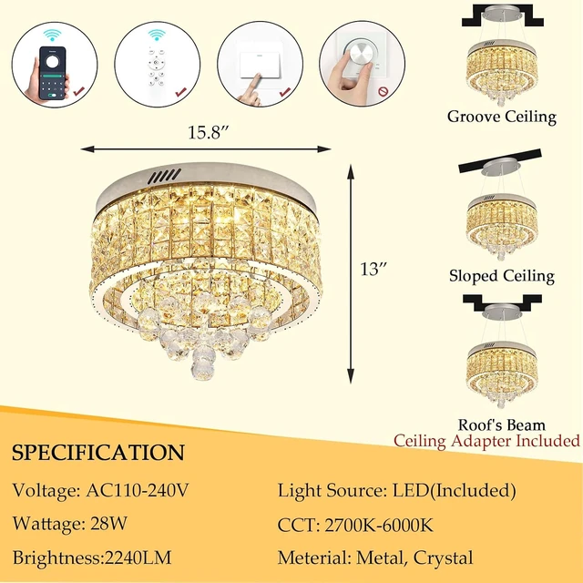 Alt view image 2 of 7 - 15.8'' Crystal Dimmable Chandeliers for Living Room Modern LED Chandeliers Glam Chandelier Flush Mount Ceiling Light Fixture Dining Room Bedrooms Silver