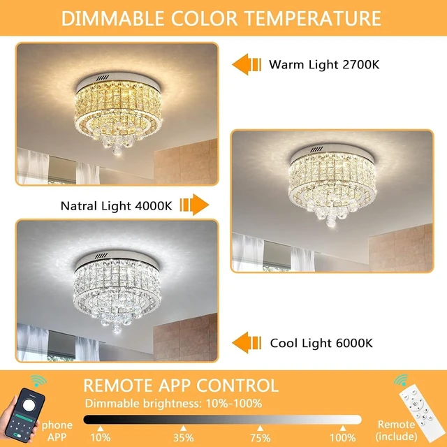 Alt view image 3 of 7 - 15.8'' Crystal Dimmable Chandeliers for Living Room Modern LED Chandeliers Glam Chandelier Flush Mount Ceiling Light Fixture Dining Room Bedrooms Silver