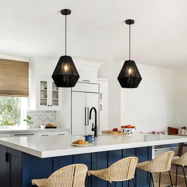 Alt view image 2 of 7 - Woven Fabric Pendant Light, Beige, Geometric Diamond Shape, Ceiling Hanging Lamp for Living Room