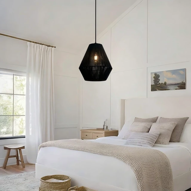 Alt view image 5 of 7 - Woven Fabric Pendant Light, Beige, Geometric Diamond Shape, Ceiling Hanging Lamp for Living Room