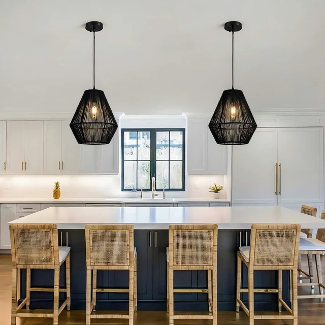 Alt view image 6 of 7 - Woven Fabric Pendant Light, Beige, Geometric Diamond Shape, Ceiling Hanging Lamp for Living Room